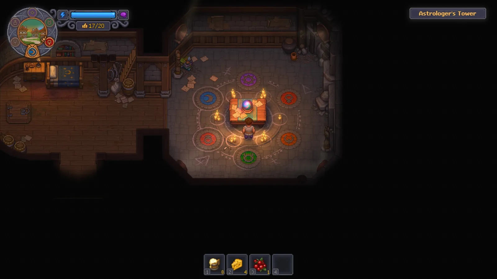 Astrologer’s Tower interior with a crystal ball and rune circle in Graveyard Keeper 2, where the final shard quest lands