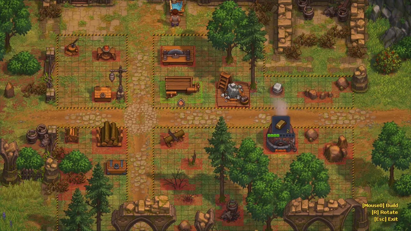 Build mode in Graveyard Keeper 2 showing yard zones and a Furnace with a bronze ingot progress bar for production planning