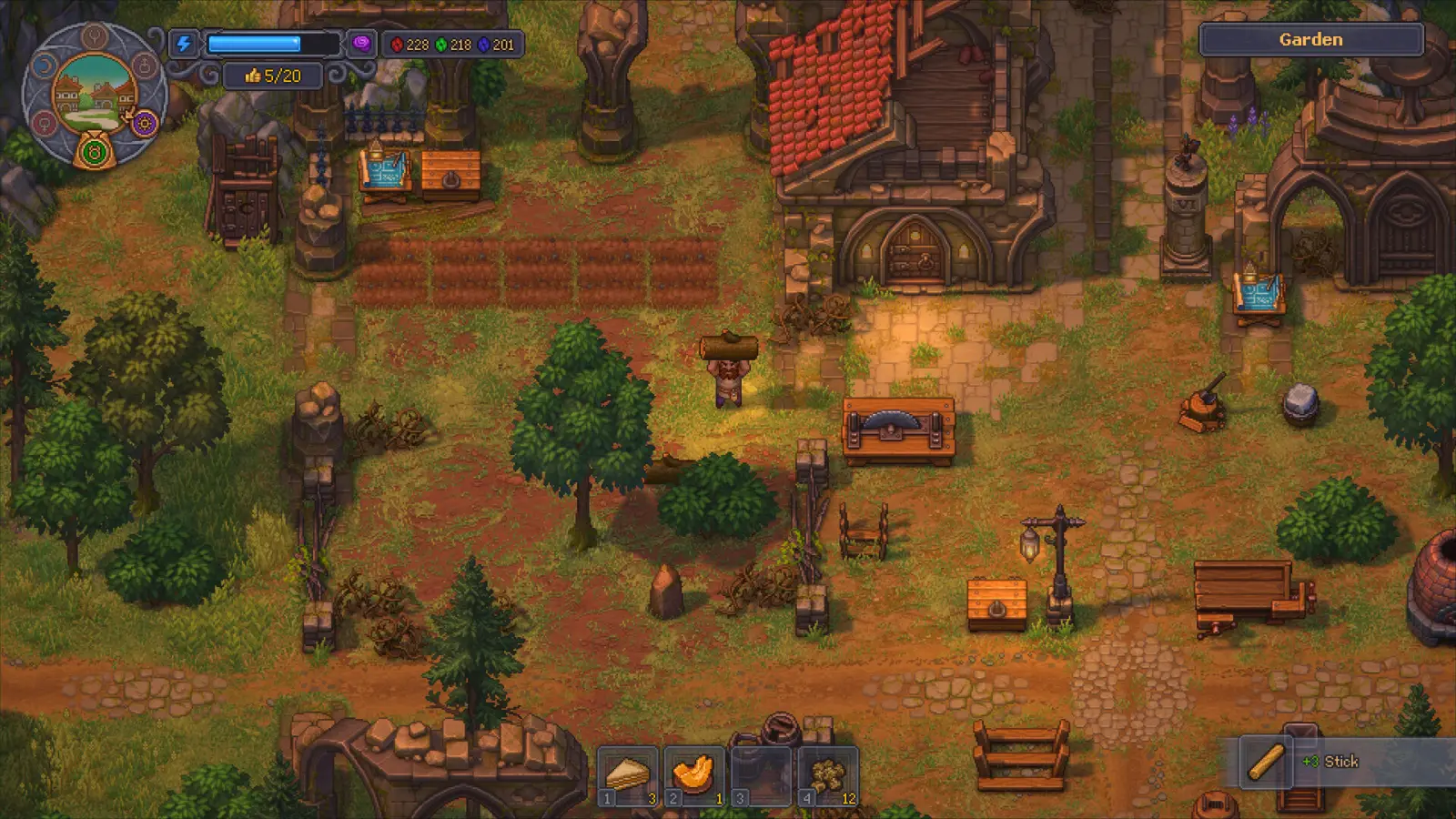 Starting garden and starter workstations in Graveyard Keeper 2 on launch day, with the HUD showing tech points