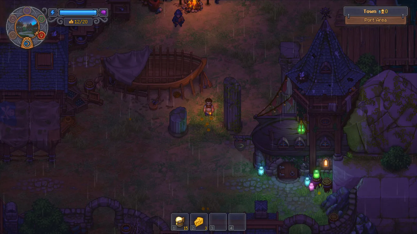 Night view of the Port Area with Jack’s broken boat in Graveyard Keeper 2, the quest hub gating late-game worker supplies