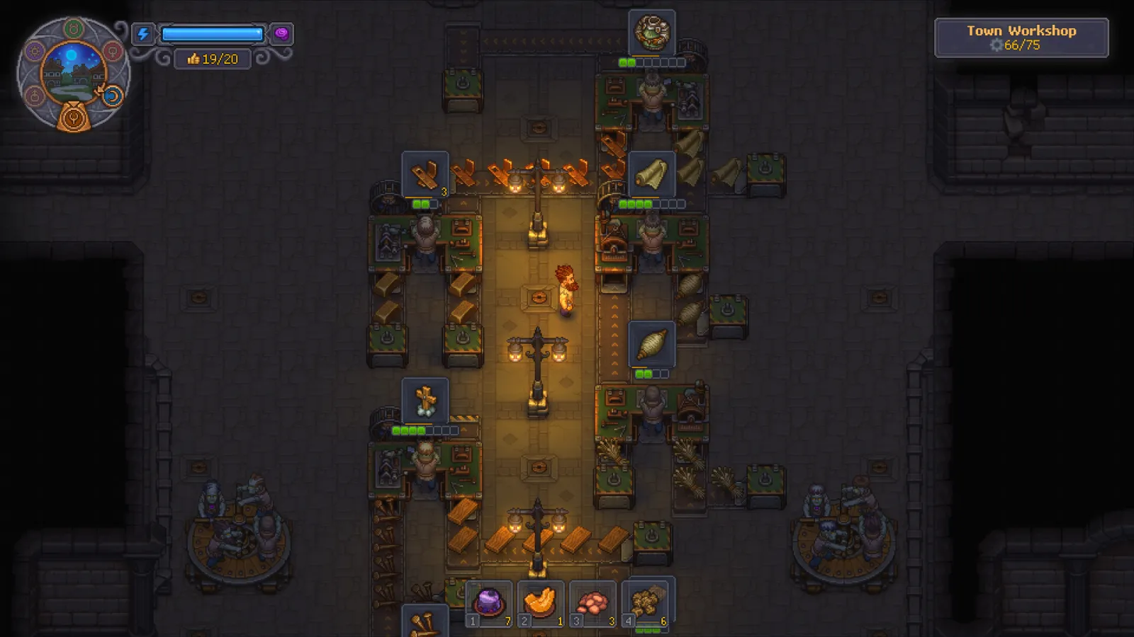 Zombie workers running the Town Workshop assembly line with conveyor belts in Graveyard Keeper 2